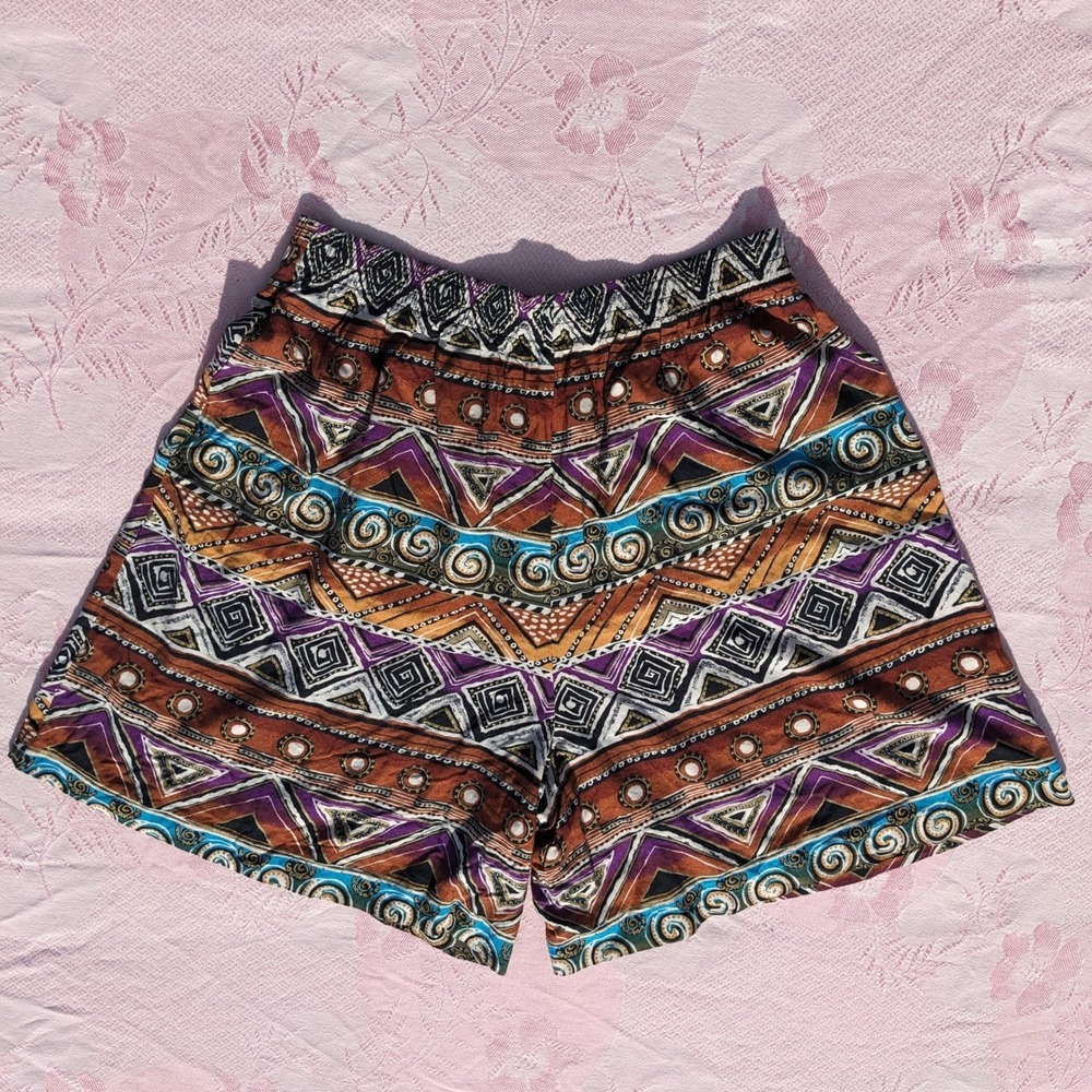 Vintage 90s Rayon Geometric Shorts M Gold Detail Boho Hippie Wide Leg Festival - Picture 3 of 11